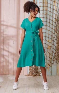 Ladies Linen Mix Button Front Dress